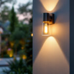 A photograph of a stylish wall-mounted exterior light fixture installed on a home’s exterior
