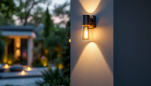 A photograph of a stylish wall-mounted exterior light fixture installed on a home’s exterior