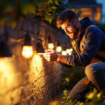 A photograph of a skilled lighting contractor installing energy-efficient exterior outdoor led lights in a residential garden