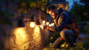 A photograph of a skilled lighting contractor installing energy-efficient exterior outdoor led lights in a residential garden