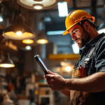 A photograph of a lighting contractor at work