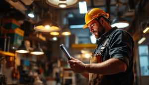 A photograph of a lighting contractor at work