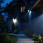 A photograph of a well-lit exterior space featuring various styles of led security lights installed around a home