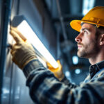 A photograph of a lighting contractor expertly installing t8 led tube lights in a commercial setting