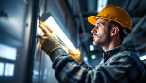 A photograph of a lighting contractor expertly installing t8 led tube lights in a commercial setting