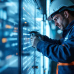A photograph of a lighting contractor engaging with espen technology products in a dynamic work environment