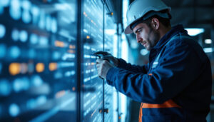 A photograph of a lighting contractor engaging with espen technology products in a dynamic work environment