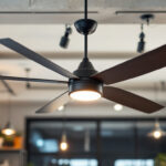 A photograph of a stylish industrial ceiling fan in a well-lit