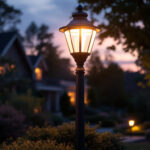A photograph of a beautifully illuminated front yard light pole at dusk