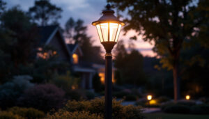 A photograph of a beautifully illuminated front yard light pole at dusk