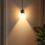 A photograph of a stylish corner light fixture in a well-designed interior setting