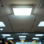 A photograph of a well-lit commercial space featuring a troffer light fixture installed in the ceiling