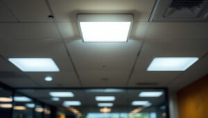 A photograph of a well-lit commercial space featuring a troffer light fixture installed in the ceiling