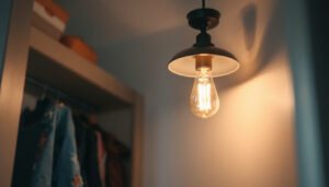 A photograph of a stylish and functional closet light fixture with a pull chain