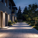 A photograph of a well-lit outdoor space showcasing various styles of security lighting installations