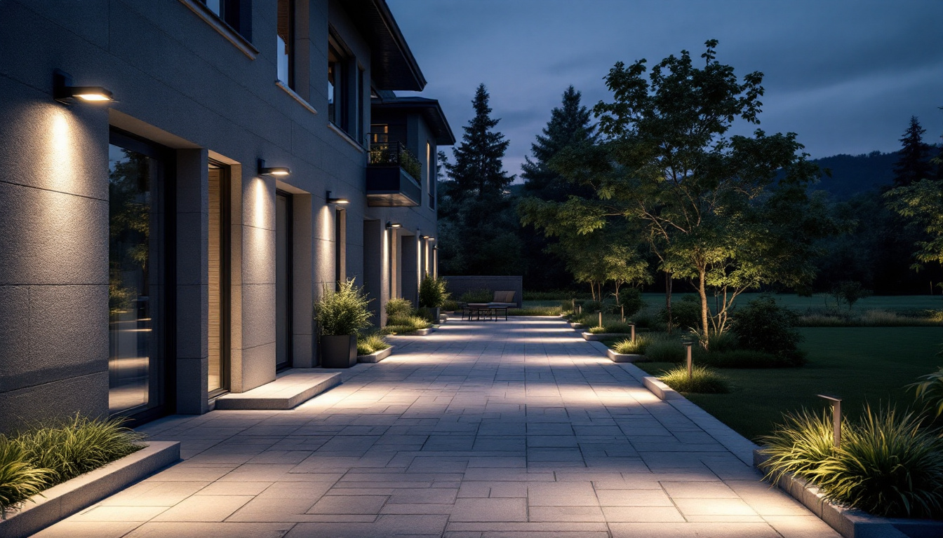 A photograph of a well-lit outdoor space showcasing various styles of security lighting installations