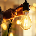 A photograph of a lighting contractor expertly installing or adjusting a stylish light fixture