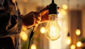 A photograph of a lighting contractor expertly installing or adjusting a stylish light fixture