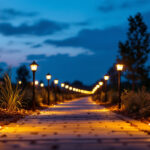 A photograph of a beautifully illuminated walkway at dusk