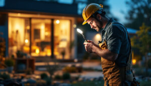 A photograph of a lighting contractor at work on a residential or commercial project