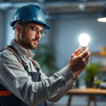 A photograph of a lighting contractor examining or installing a modern led bulb designed for corn lighting in a well-lit workspace
