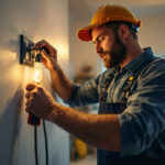 A photograph of a skilled lighting contractor installing or adjusting electrical switches in a well-lit residential setting