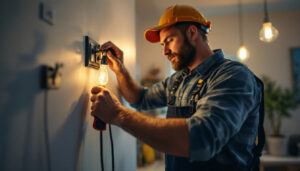 A photograph of a skilled lighting contractor installing or adjusting electrical switches in a well-lit residential setting