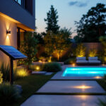 A photograph of a beautifully designed solar-powered outdoor lighting setup in a stylish garden or patio at dusk
