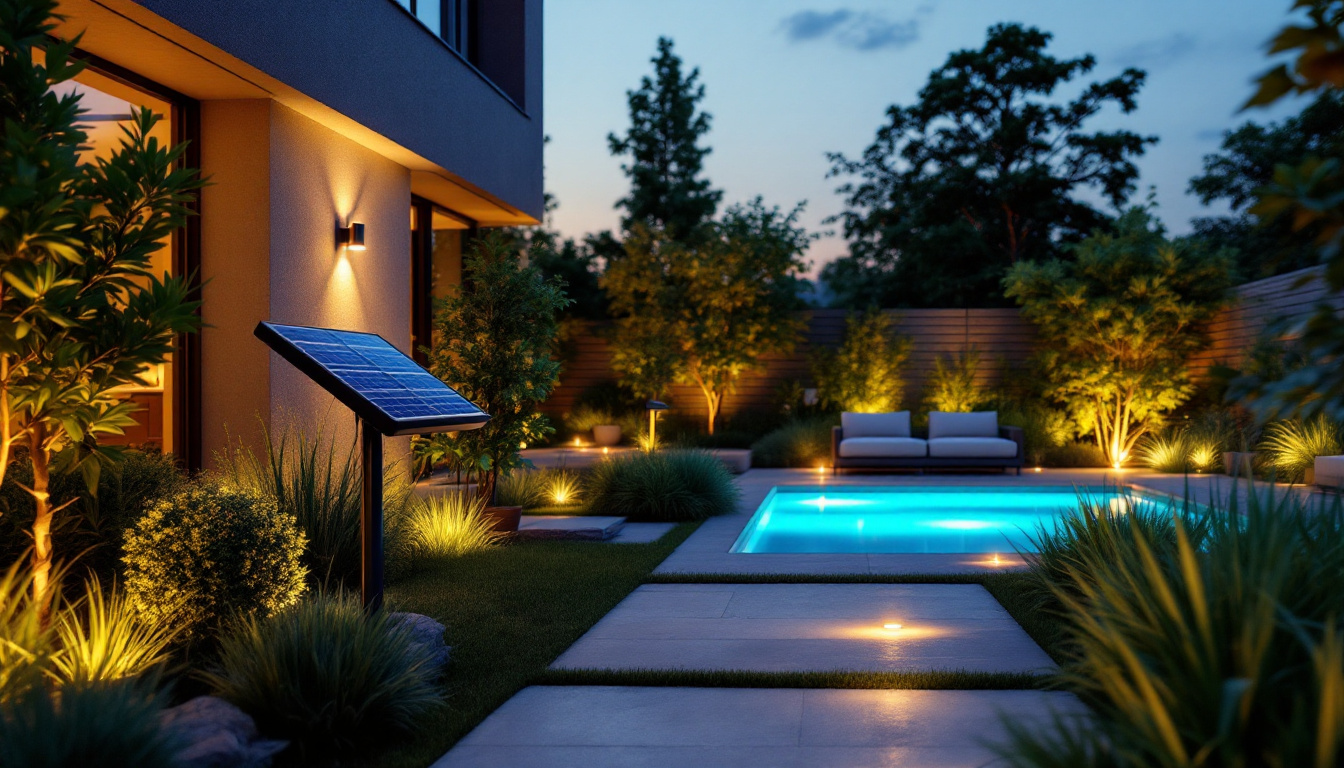A photograph of a beautifully designed solar-powered outdoor lighting setup in a stylish garden or patio at dusk