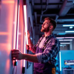 A photograph of a skilled contractor installing or showcasing vibrant commercial led strip lighting in a modern workspace