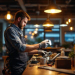 A photograph of a lighting contractor efficiently installing retrofit lights in a commercial space