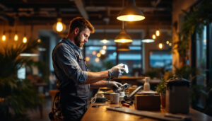A photograph of a lighting contractor efficiently installing retrofit lights in a commercial space