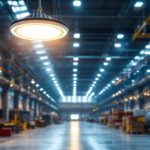 A photograph of a well-lit industrial or commercial space showcasing a high bay led ufo light in action