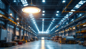 A photograph of a well-lit industrial or commercial space showcasing a high bay led ufo light in action