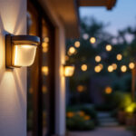 A photograph of a well-lit outdoor space featuring motion sensor lights in action