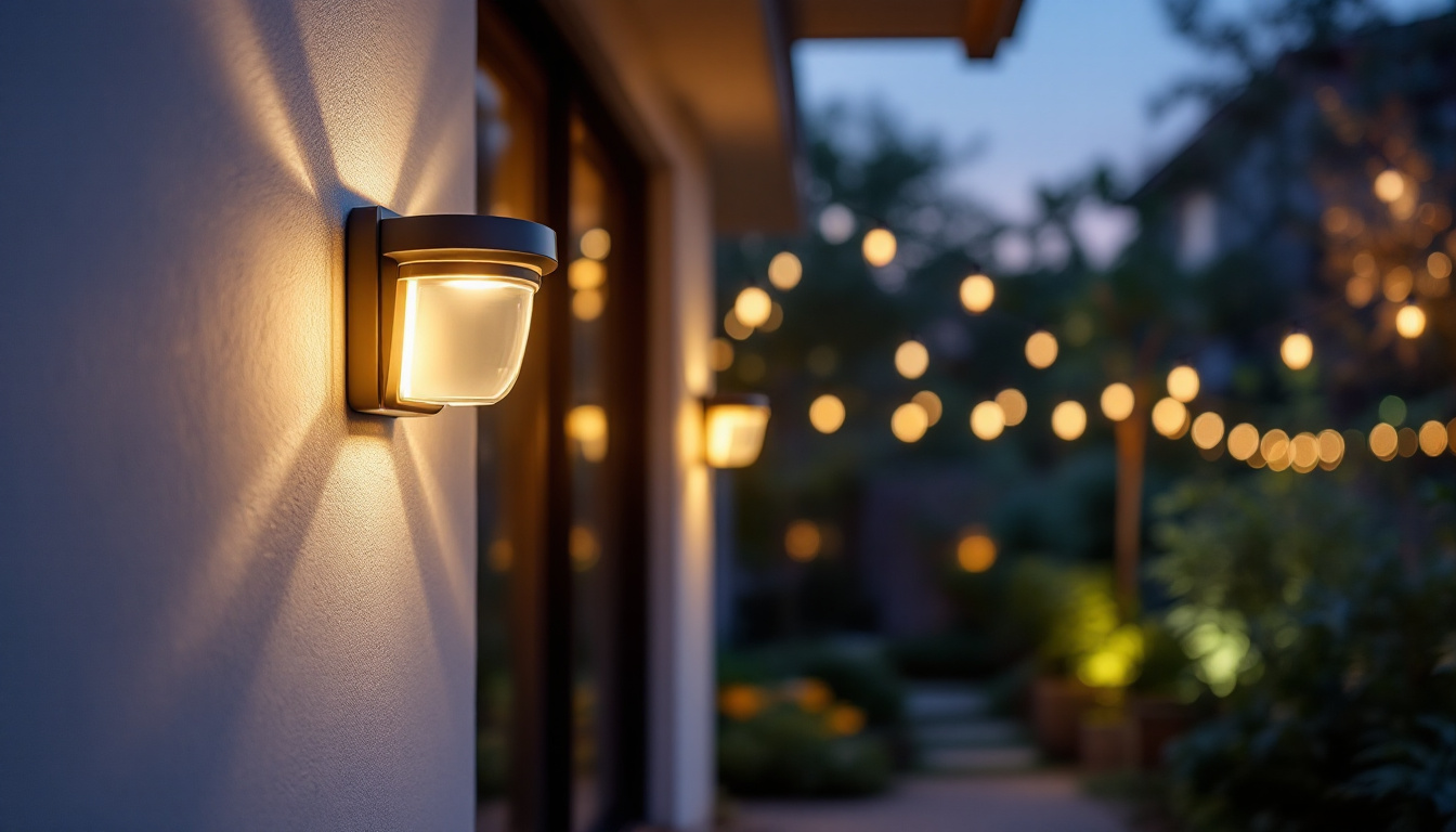 A photograph of a well-lit outdoor space featuring motion sensor lights in action