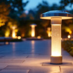 A photograph of a beautifully designed large outdoor solar lamp illuminating a landscaped garden or patio at dusk