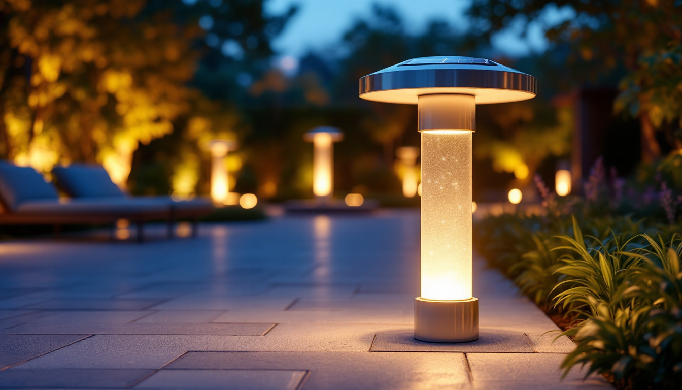 A photograph of a beautifully designed large outdoor solar lamp illuminating a landscaped garden or patio at dusk
