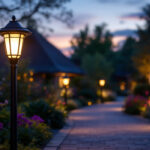 A photograph of a beautifully illuminated outdoor solar lamp post in a scenic garden or pathway setting during twilight