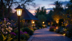 A photograph of a beautifully illuminated outdoor solar lamp post in a scenic garden or pathway setting during twilight