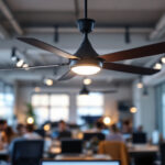A photograph of an industrial ceiling fan with integrated lighting in a modern workspace