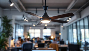 A photograph of an industrial ceiling fan with integrated lighting in a modern workspace
