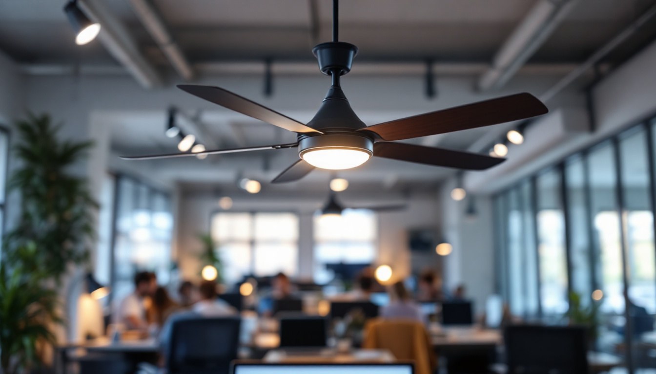 A photograph of an industrial ceiling fan with integrated lighting in a modern workspace