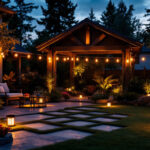 A photograph of a beautifully lit outdoor patio at dusk