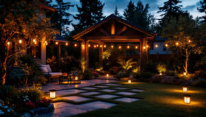 A photograph of a beautifully lit outdoor patio at dusk