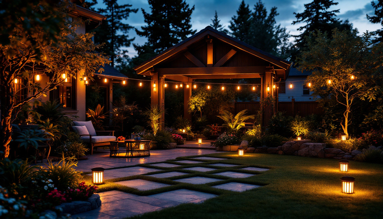 A photograph of a beautifully lit outdoor patio at dusk