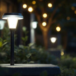 A photograph of a well-lit outdoor setting featuring a stylish led solar lamp in use