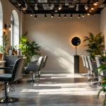 A photograph of a stylish hair salon interior showcasing various lighting setups