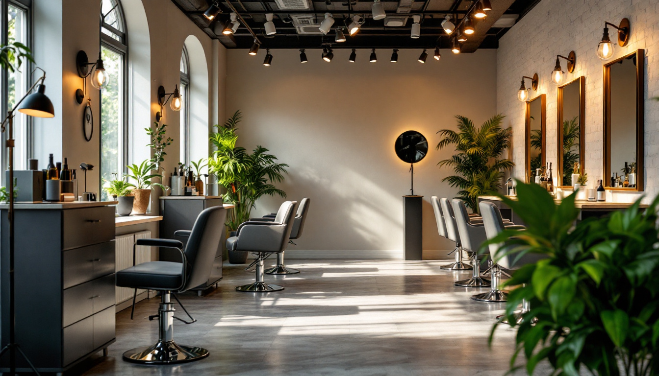 A photograph of a stylish hair salon interior showcasing various lighting setups
