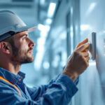 A photograph of a lighting contractor inspecting or installing a hospital-grade receptacle in a well-lit